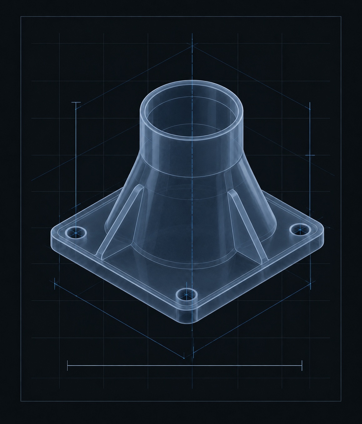 Translucent prototype view of the same square-flange-to-round adapter